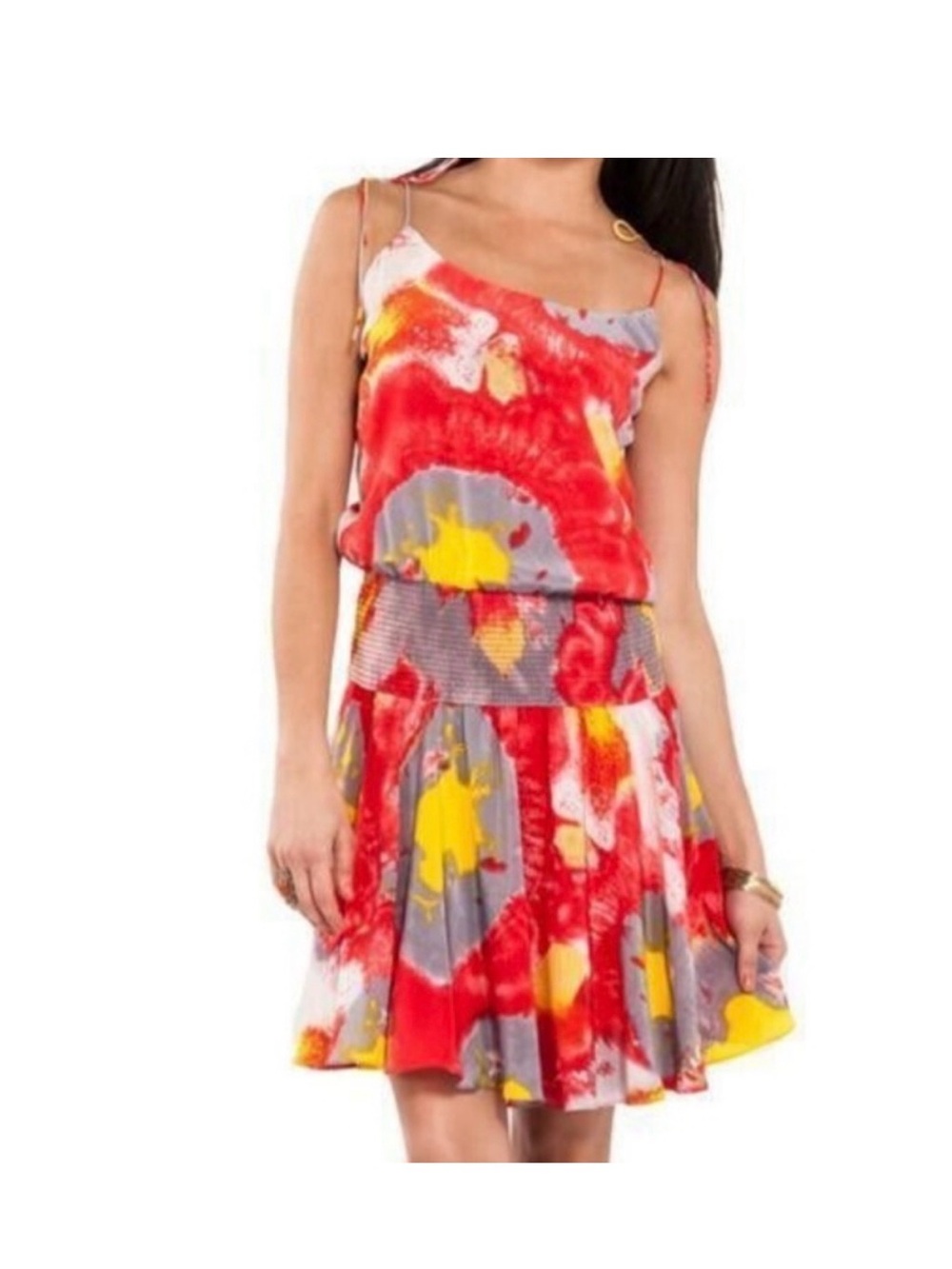 Halston Heritage Red Yellow Gray Abstract Print Mini Dress